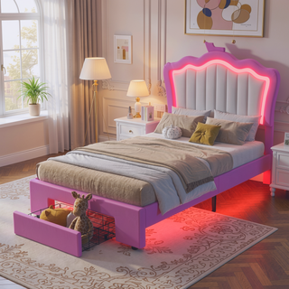 Sunvega Twin Size Upholstered Princess Bed with Crown Headboard and LED Lights