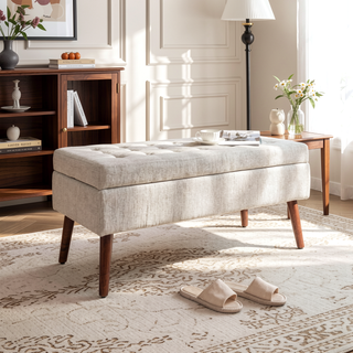 Sunvega Tufted Beige Storage Ottoman Bench with Safety Hinge for Bedroom