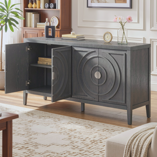 Sunvega Retro Sideboard Door with Circular Groove Design Round Metal Handle for Entrance