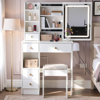 Sunvega Small Space Vanity Table with Cushioned Stool and Extra Large Sliding Mirror