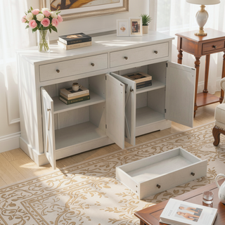 Sunvega Vintage White Sideboard with Two Drawers Four Doors and Adjustable Shelf