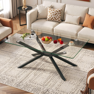 Sunvega Modern 39.37" Rectangular Clear Tempered Glass Coffee Table with Black Metal Legs