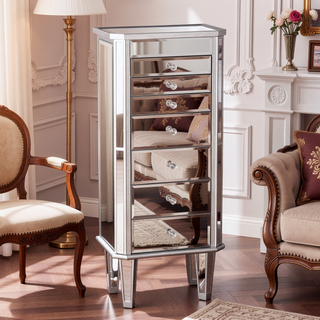 Sunvega Hollywood Inspired Mirrored Jewelry Armoire with Faux Crystal Knobs
