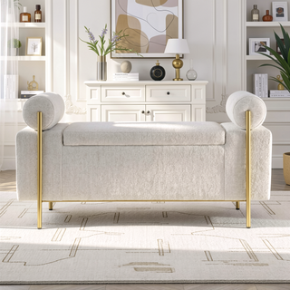 Sunvega Elegant Upholstered Linen Storage Bench with Cylindrical Arms and Iron Legs