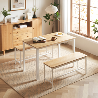 Sunvega Industrial Natural and White Dining Table Set with 2 Benches for Kitchen