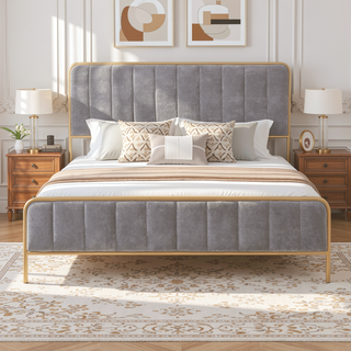 Sunvega Upholstered Queen Bed Frame with Tufted Headboard and Soft Fabric