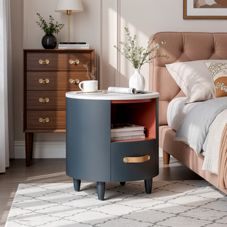 Sunvega Blue Round Nightstand with Storage Drawer and Open Shelf for Bedroom