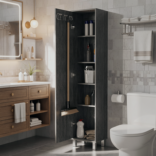 Sunvega Tall Storage Cabinet with Single Door and 3 Broom Hangers