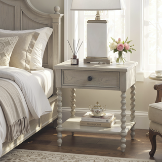 Sunvega Antique Cream Nightstand with Turned Legs and Natural Whitewash Look