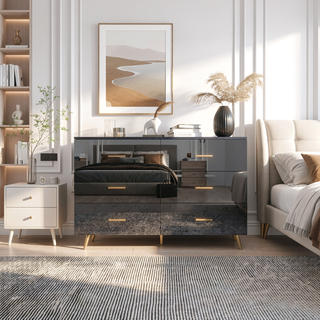 Sunvega High Glossy Black Dresser with Golden Handles and 6 Large Drawers