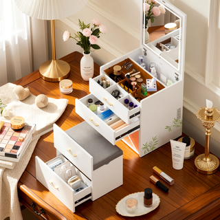 Sunvega White Glass Top Vanity Desk with 10 Drawers and Lighted Mirror