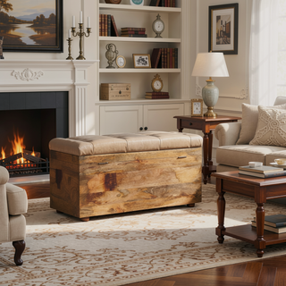 Sunvega Buffalo Hide Leather Storage Trunk in Beige Handcrafted from Solid Mango Wood