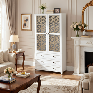 Sunvega White Rattan Wardrobe Armoire with 3 Drawers and Anti-Tip for Bedroom