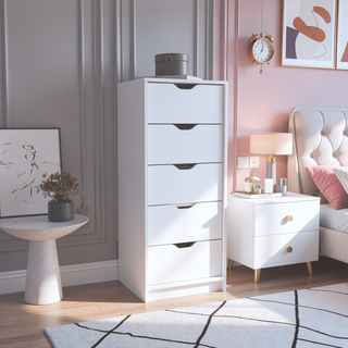 Sunvega Slim White 5-Drawer Storage Chest Dresser for Bedroom with Pull-Out Mechanism