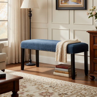 Sunvega Tan Linen and Cotton Fabric Dining Bench with Nailhead Trim