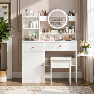 Sunvega White Makeup Vanity Desk with Mirror Lights Adjustable Brightness and Chair