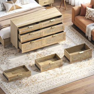 Sunvega Modern Natural Rattan 6 Drawer Dresser with Wood Legs for Bedroom Storage