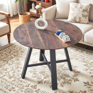 Sunvega Modern Round Dining Table with Dark Wood Texture and Black Metal Legs