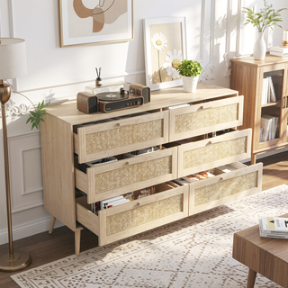Sunvega Rattan 6 Drawer Dresser with Wood Handles for Bedroom Storage Cabinet
