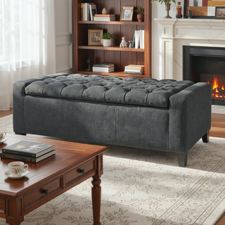 Sunvega Dark Blue Tufted Storage Ottoman with Removable Lid for Living Room