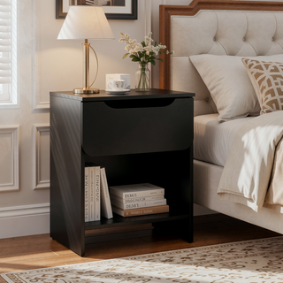Sunvega Modern Minimalist Black Nightstand with Single Drawer and Open Cubby