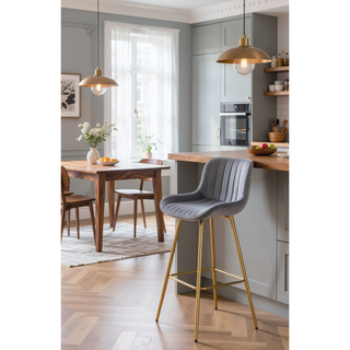 Sunvega 30 inch Set of 2 Blue Velvet Bar Stools with Chrome Footrest and Golden Legs