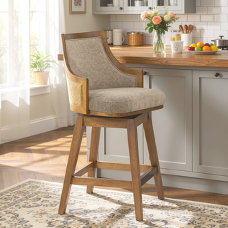 Sunvega Handcrafted Taupe Beige Cane Rattan Swivel Counter Stool with Recessed Arms