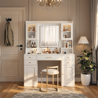 Sunvega Large Vanity Table Set with Mirror, 6 Drawers and 4 Lockers