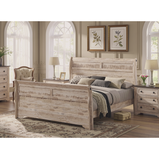 Sunvega White Wash Finish Queen Sleigh Bed Dresser Mirror and Nightstands Set