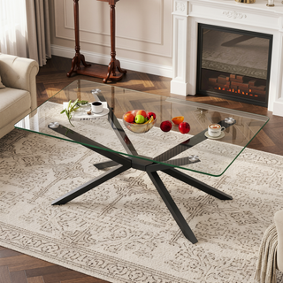 Sunvega Modern 39.37" Rectangular Clear Tempered Glass Coffee Table with Black Metal Legs