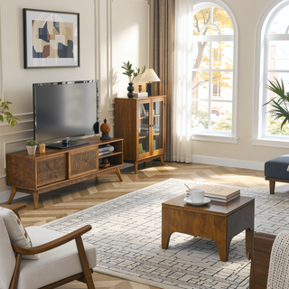 Sunvega Mid Century Modern Rattan Sideboard Cabinet with Adjustable Shelves and Solid Wood Feet