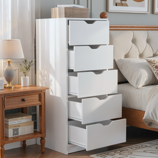 Sunvega White 5 Drawer Tall Dresser with Pull Out System Compact Size