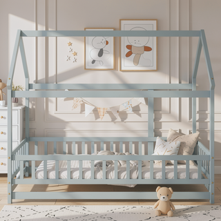 Sunvega Twin Size Wooden Floor Bed with Roof Frame and Safety Guardrails in Grey