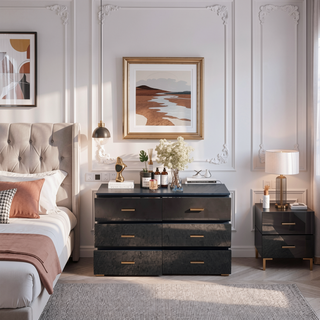 Sunvega High Glossy Black Dresser with Golden Handles and 6 Large Drawers
