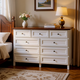 Sunvega White Wood Rustic Storage Dresser with 9 Silver Handle Drawers