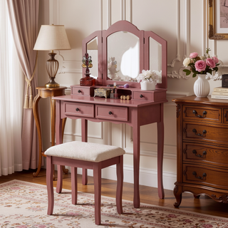 Sunvega Rose Gold Vanity Makeup Table Set with Mirror and Upholstered Bench