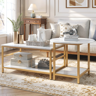 Sunvega Faux Marble and Gold Steel Frame 2-Tier Storage Coffee Table Set of 2