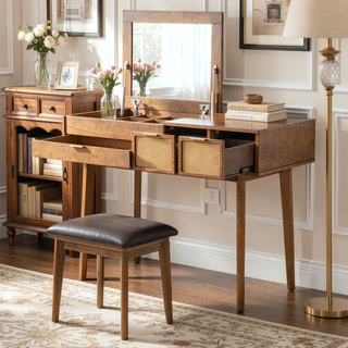 Sunvega Classic Wood Makeup Vanity Set with Flip-top Mirror and Three Drawers