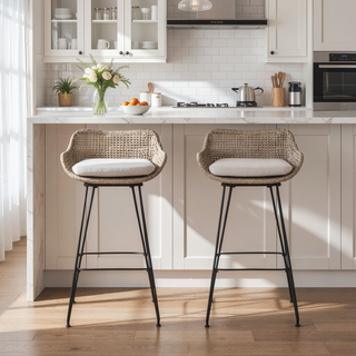 Sunvega PE Rattan Bar Stools with Water-Resistant Cushions and Hairpin Legs for Outdoor