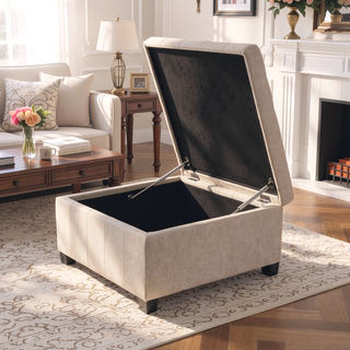 Sunvega Fabric Ottoman with Tufted Waffle Lid and Soft-Closing Hinges for Storage
