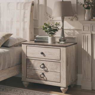 Sunvega Queen Size White Wash Finish Sleigh Bed and Two Nightstands with Antique Walnut Trim
