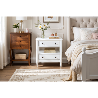 Sunvega White Finish Open Nightstand With 2 Storage Drawers and Custom Hardware