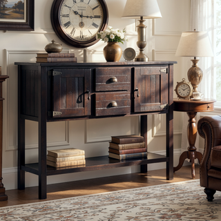 Sunvega Retro Style Solid Pine Wood Sideboard Console Table with 2 Drawers and Cabinets