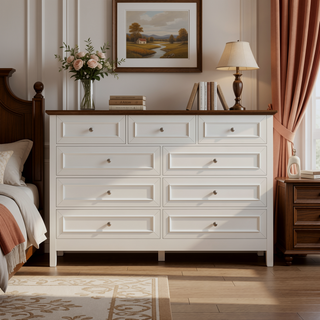 Sunvega White Wood Rustic Storage Dresser with 9 Silver Handle Drawers