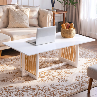 Sunvega Chinese Style White Solid Wood and Imitation Rattan Rectangular Coffee Table