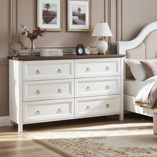 Sunvega Farmhouse Wood Rustic Wide Chest of 6 Drawers Dresser for Bedroom Living Room
