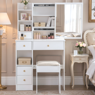 Sunvega Small Space Vanity Table with Cushioned Stool and Extra Large Sliding Mirror