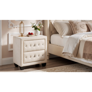 Sunvega Cream Velvet Upholstered Nightstand with Crystal Tufted Design and Two Drawers
