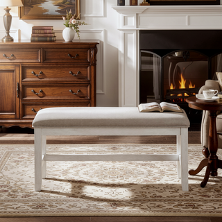 Sunvega Modern Farmhouse Dining Bench with Antique White Finish and Upholstered Seat