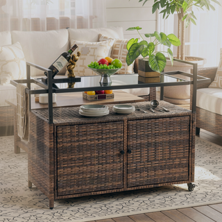 Sunvega Outdoor Wicker Bar Cart with Glass Top and Wheels for Patio Backyard Party